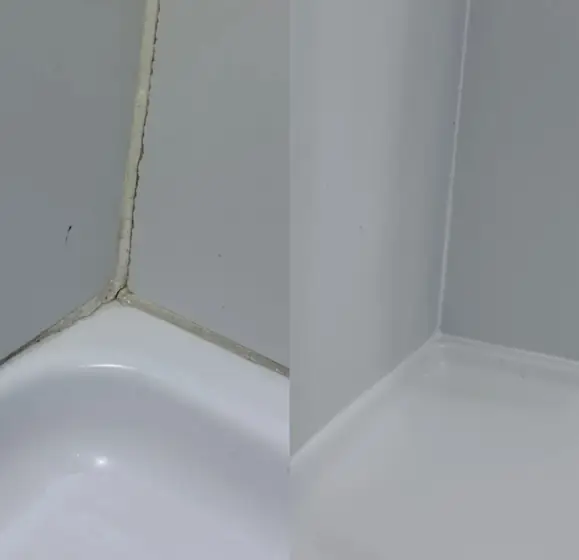 Shower corner caulking, before and after