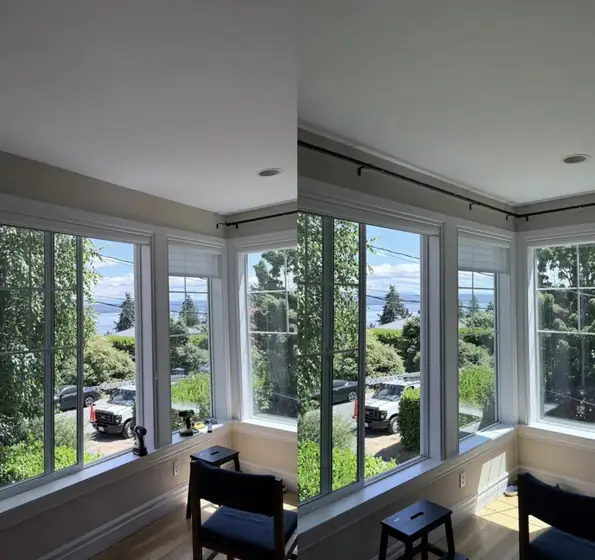 Curtain rod installed above corner windows, before and after