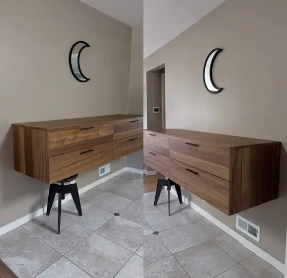 Floating walnut cabinet mounted on a wall, two views