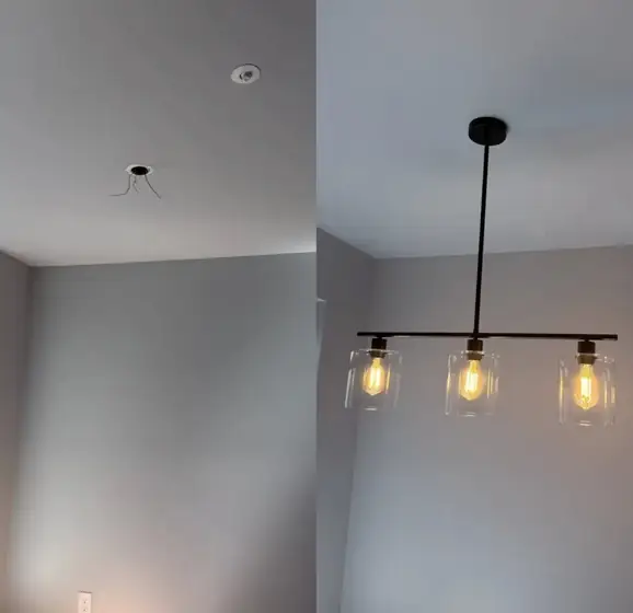 Pendant light installed on a ceiling, before and after