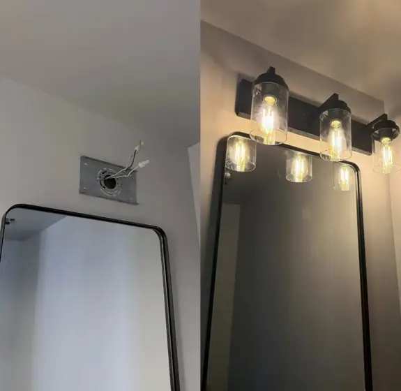Bathroom vanity light fixture installed above a mirror, before and after